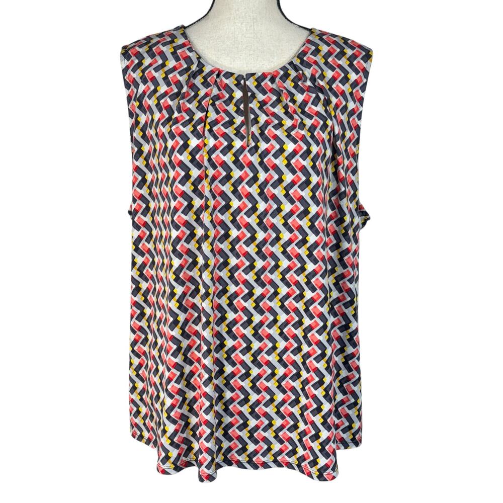 Liz Claiborne 2X-Large Top Geometric Pleated Round Neck Keyhole Sleeveless Multi